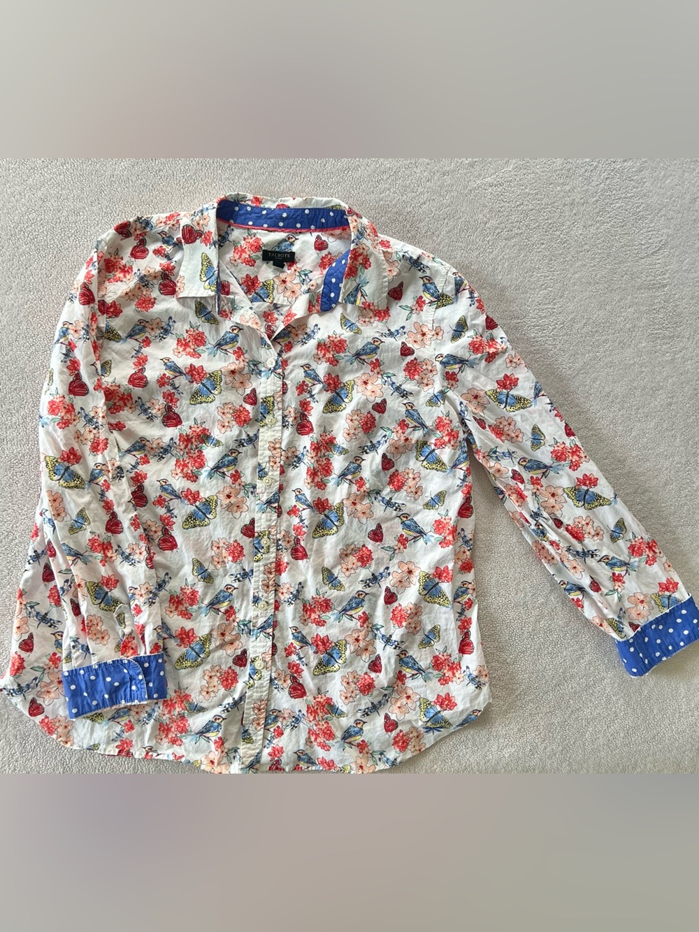 Talbots Womens Shirt 12P Floral Bird Butterfly Button Up Fairy Boho Preppy Twee